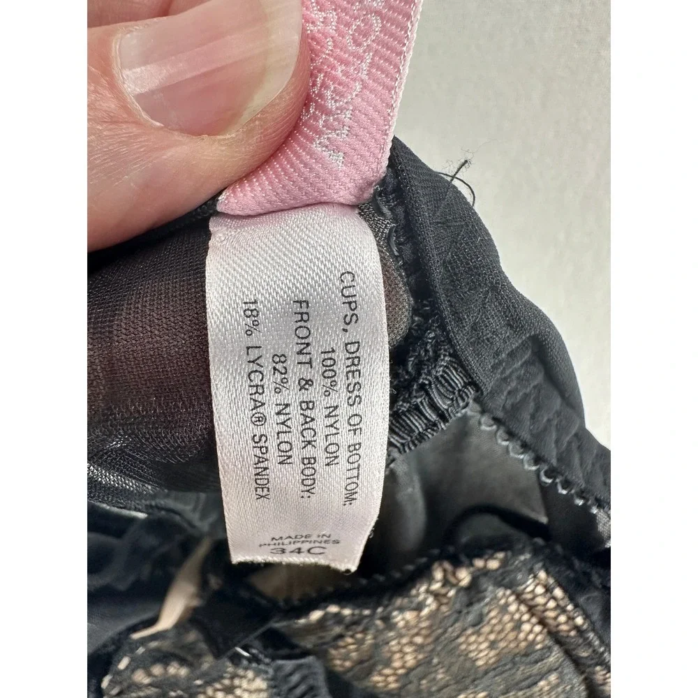 Victorias Secret Black Lace Mesh Ruched Slip Dress Underwire 34C